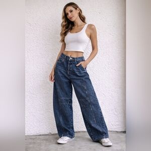 eesome Wide Leg Jeans High Rise Blue Denim Baggy Y2K Style